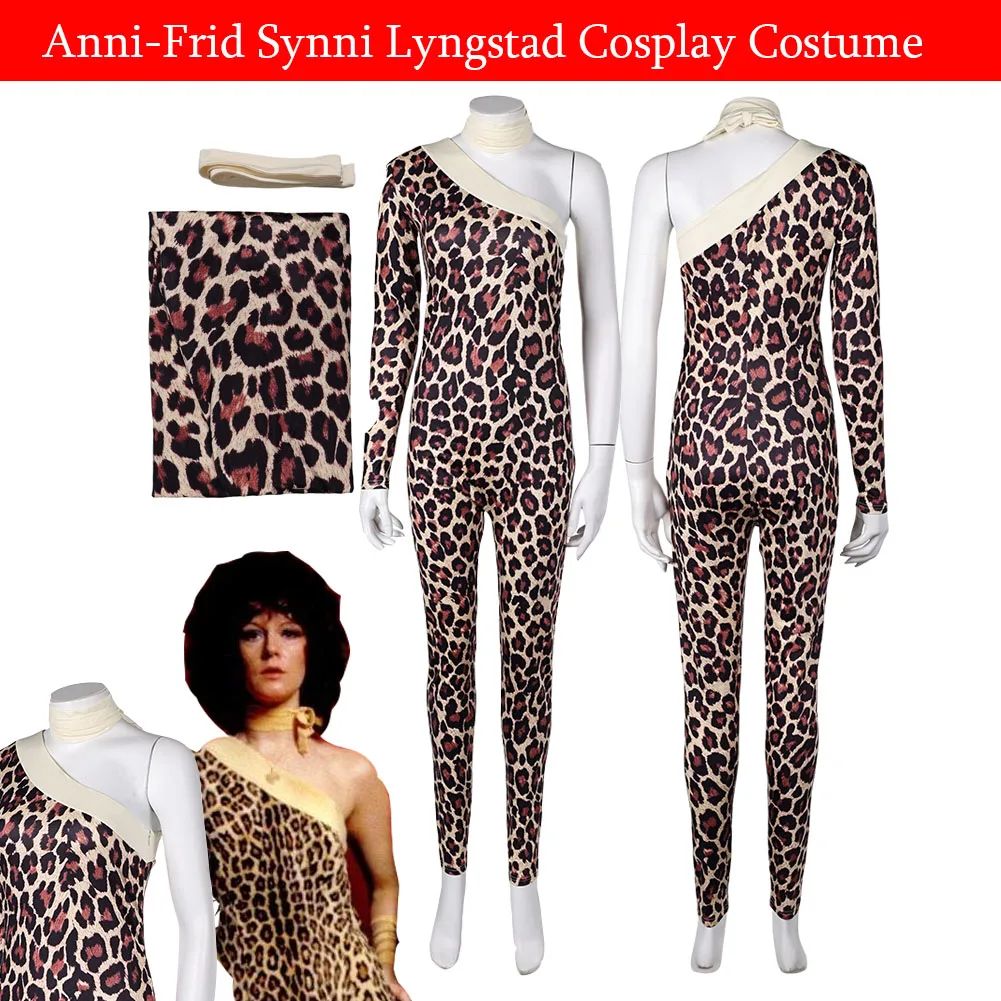 Anni-Frid Synni Lyngstad Cosplay Women Fantasia Leopard Print Jumpsuit Scarf ABBA Costume Outfits Halloween Suit Retro Style