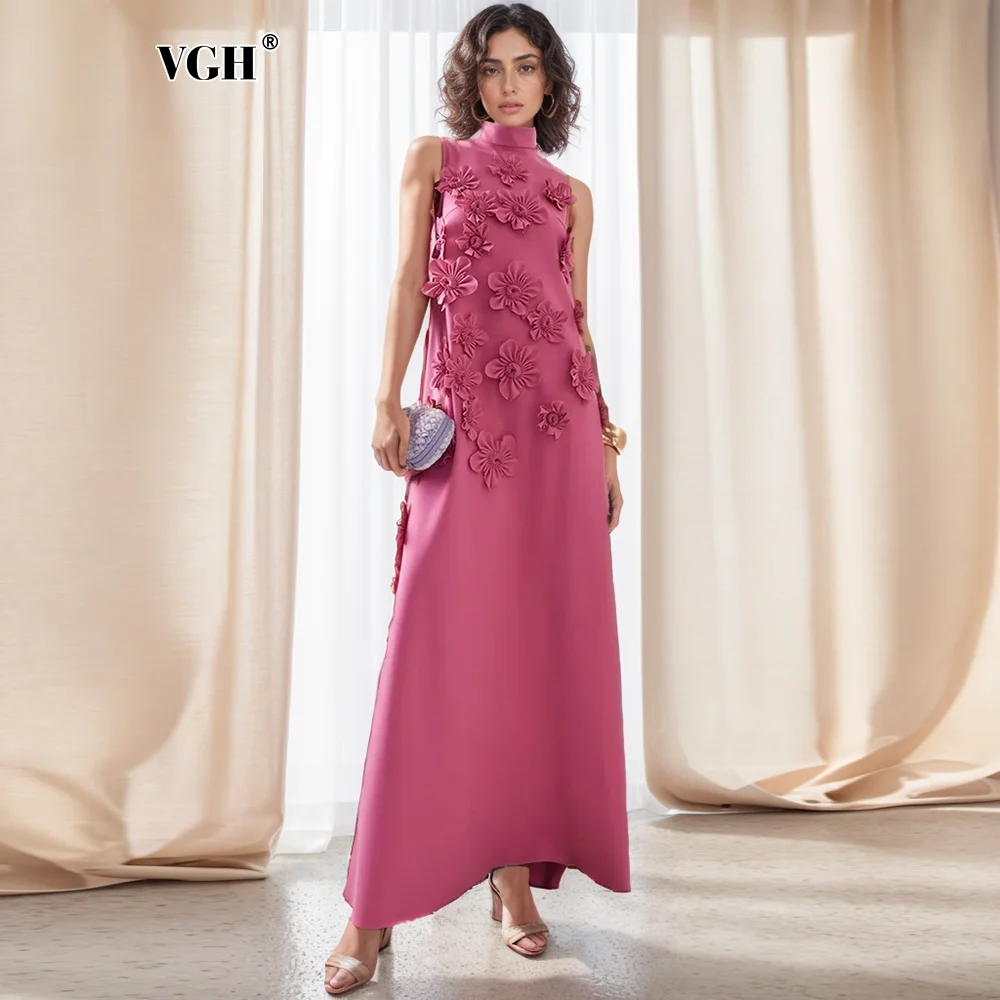 VGH Spliced Appliques Elegant Dresses For Women Stand Collar Sleeveless High Waist Patchwork Zipper Long Dress Female