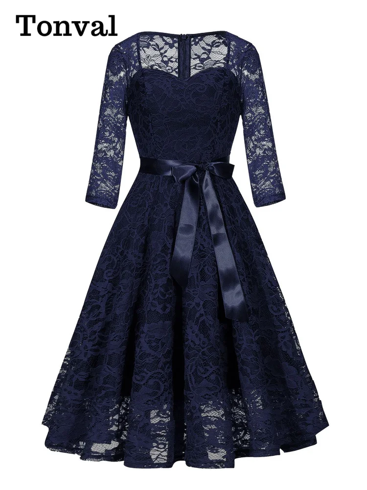 Tonval Sweetheart Neck Elegant Lace Long Swing Dress Women 3/4 Length Sleeve Belted Spring Autumn Vintage Ladies Midi Dresses