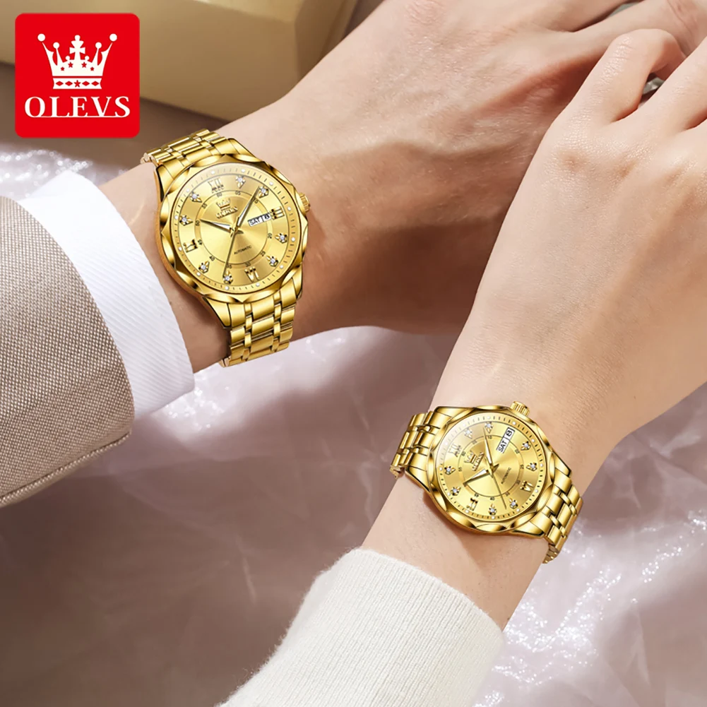 ساعة OLEVS للأزواج ماركة فاخرة جميع الساعات الميكانيكية الأوتوماتيكية الأصلية الأنيقة الماسية الرومانسية للرجال والنساء سوار للزوجين