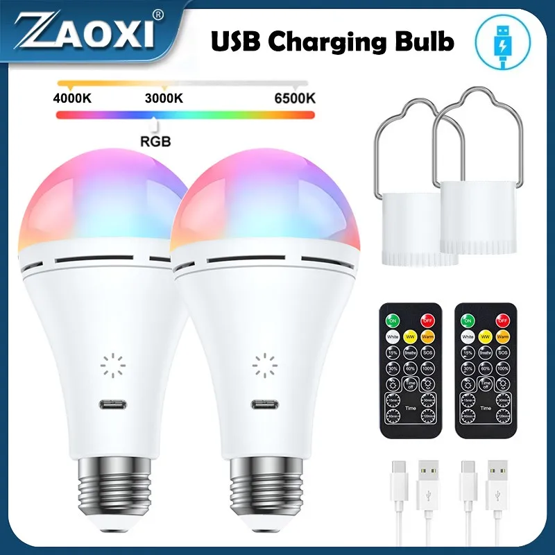 ZAOXI-USB Lâmpada de carregamento com gancho, cabeça E26, temperatura de 3 cores, controle de toque, iluminação de emergência doméstica, 9W