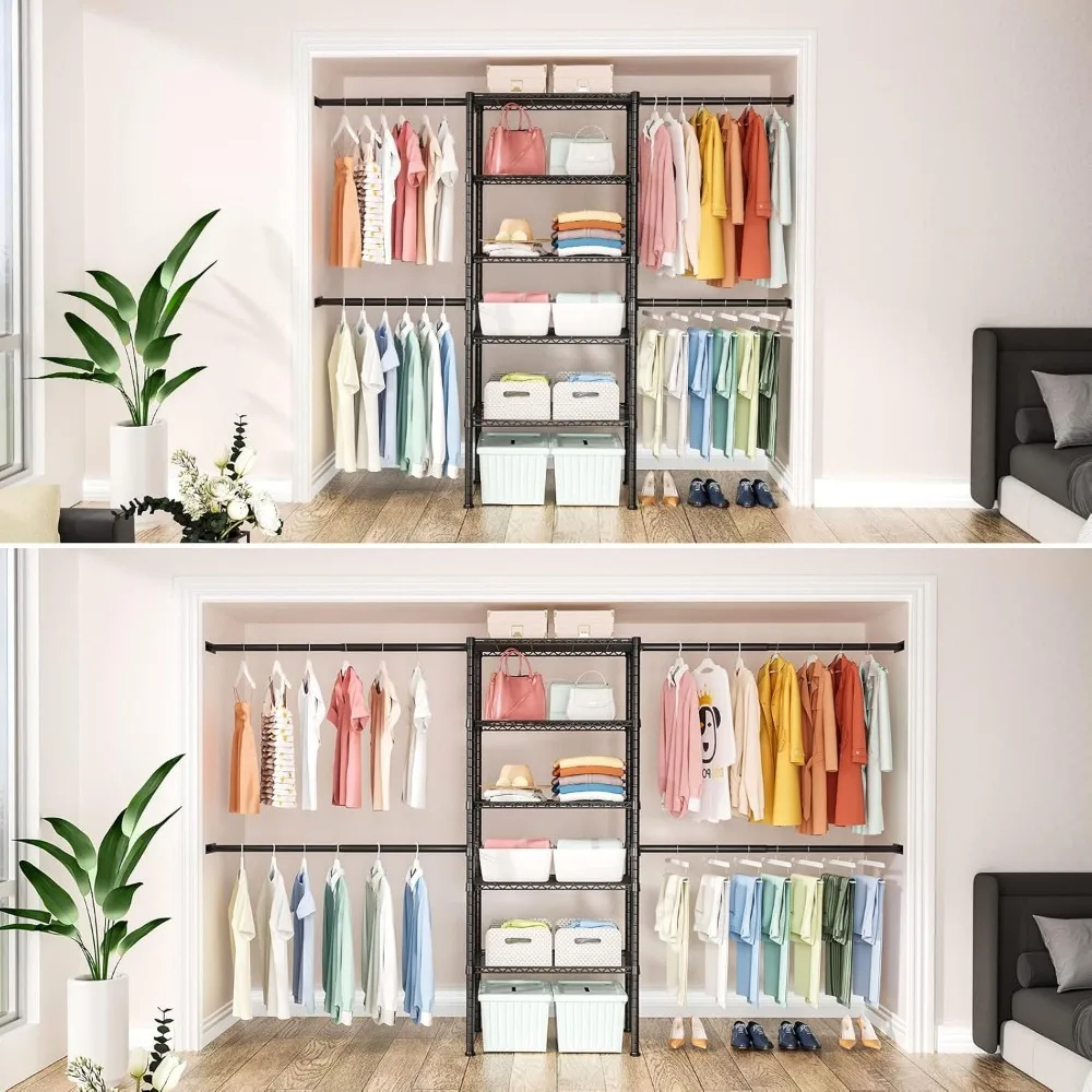 M2 Closet Organizer System, 5.9 Feet Height Mounted to the Wall Garment Rack with 4 Expandable Hanger Rods, 5 Shelves in 23.6"