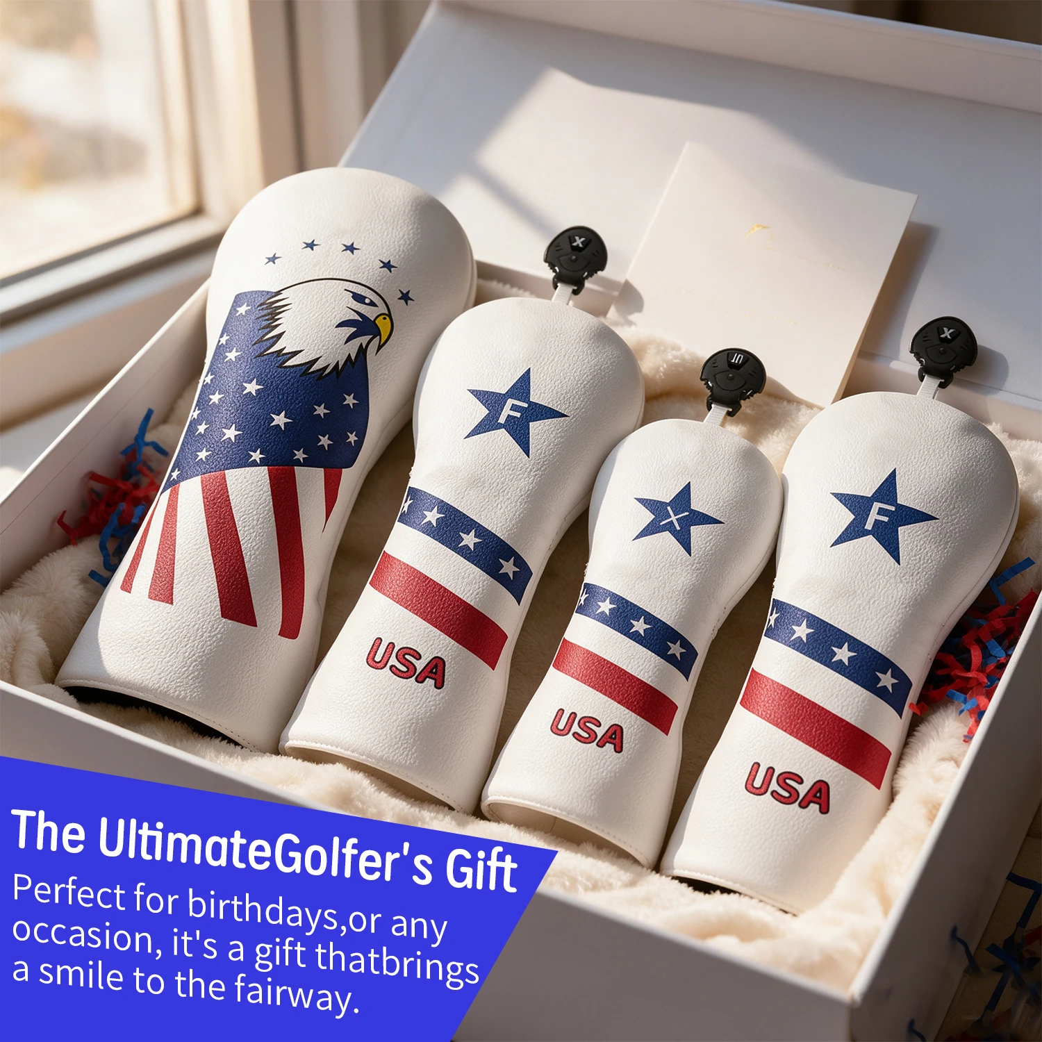 1PC/4PCS White USA Eagle Flag Print Golf Wood Headcover, Club Head Protector, Fits Driver Fairway Hybrid, Great Gift