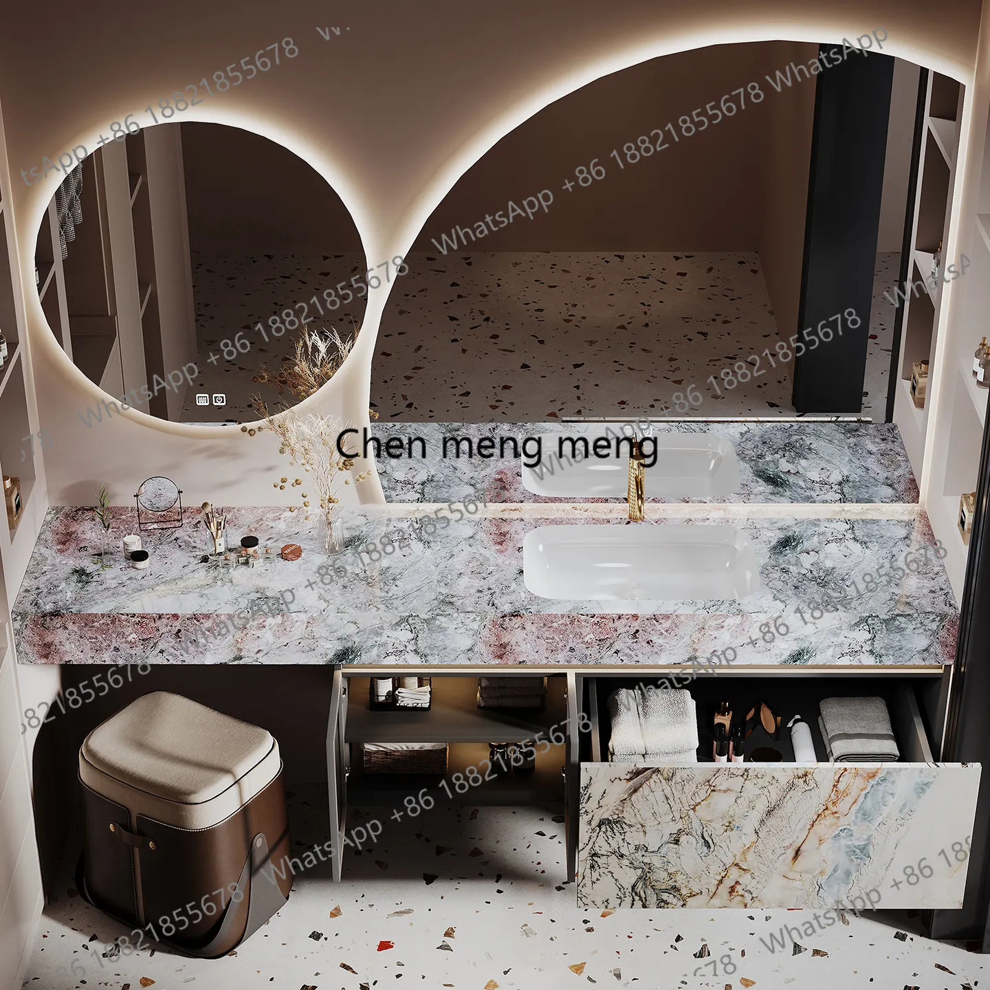 Hotel style vanity bathroom cabinet combination rock slab seamless ceramic basin toilet washstand