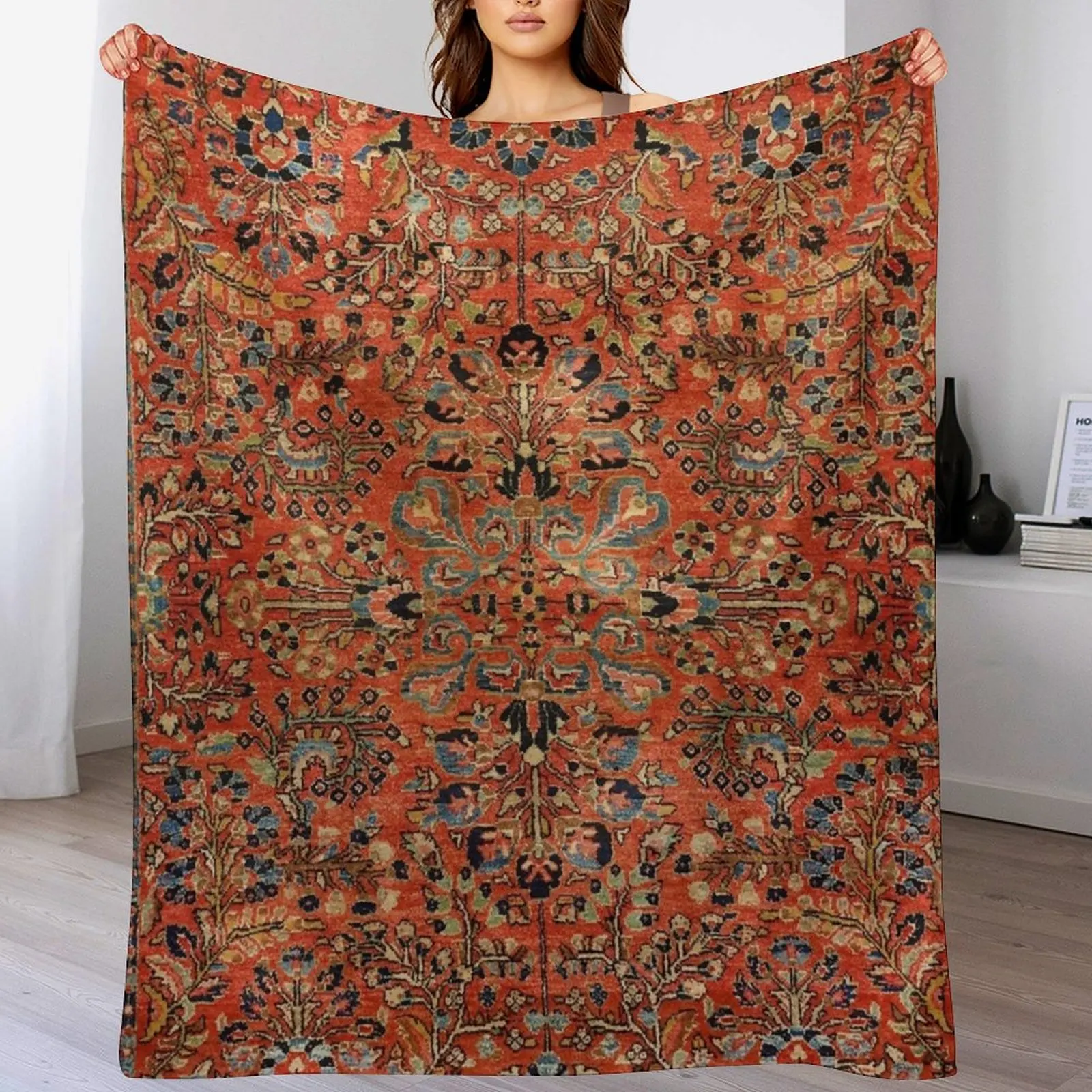 Persia Sarouk 19th Century Authentic Colorful Picture of a Red and Yellow Leaf Rug Throw Blanket Large Heavy Blankets