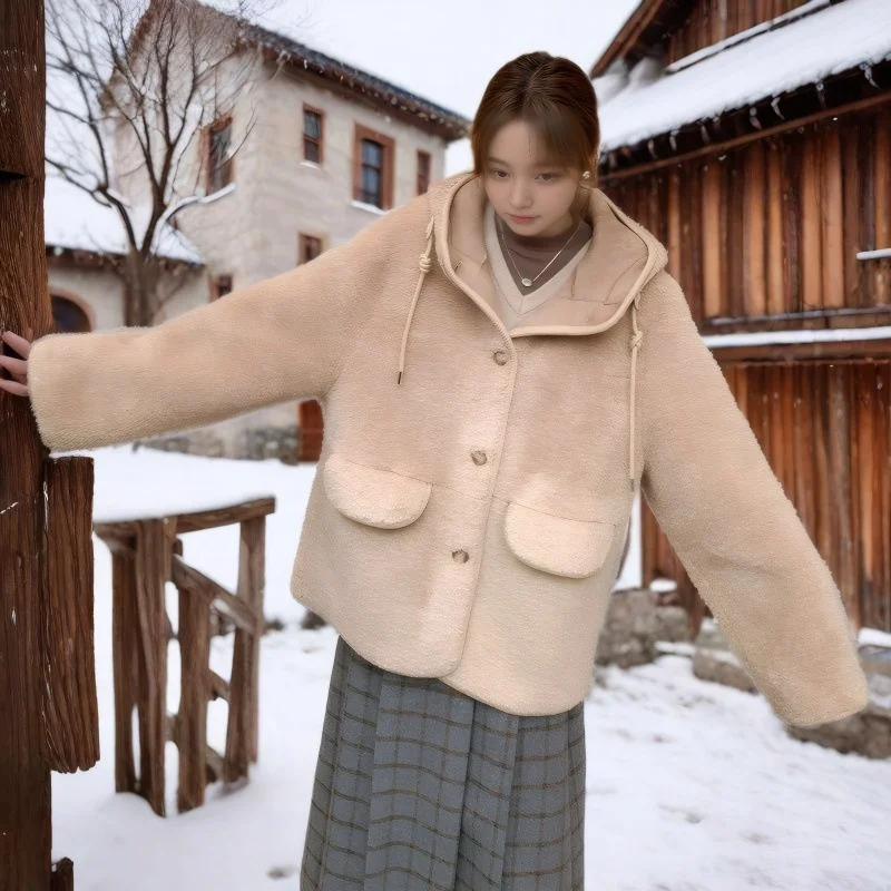 카키색 후드가 달린 양가죽 코트 여성용 겨울 캐주얼 루즈핏 아우터웨어 티-아세테이트 섬유 100% 원단 처리된 제품...