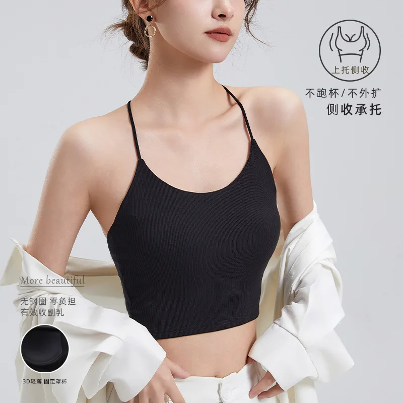 One Piece Beautiful Back Underwear Chest Pad Umbilical Sling Vest Women's Sleepwear Base Shirt Modal Female Pajamas Tops