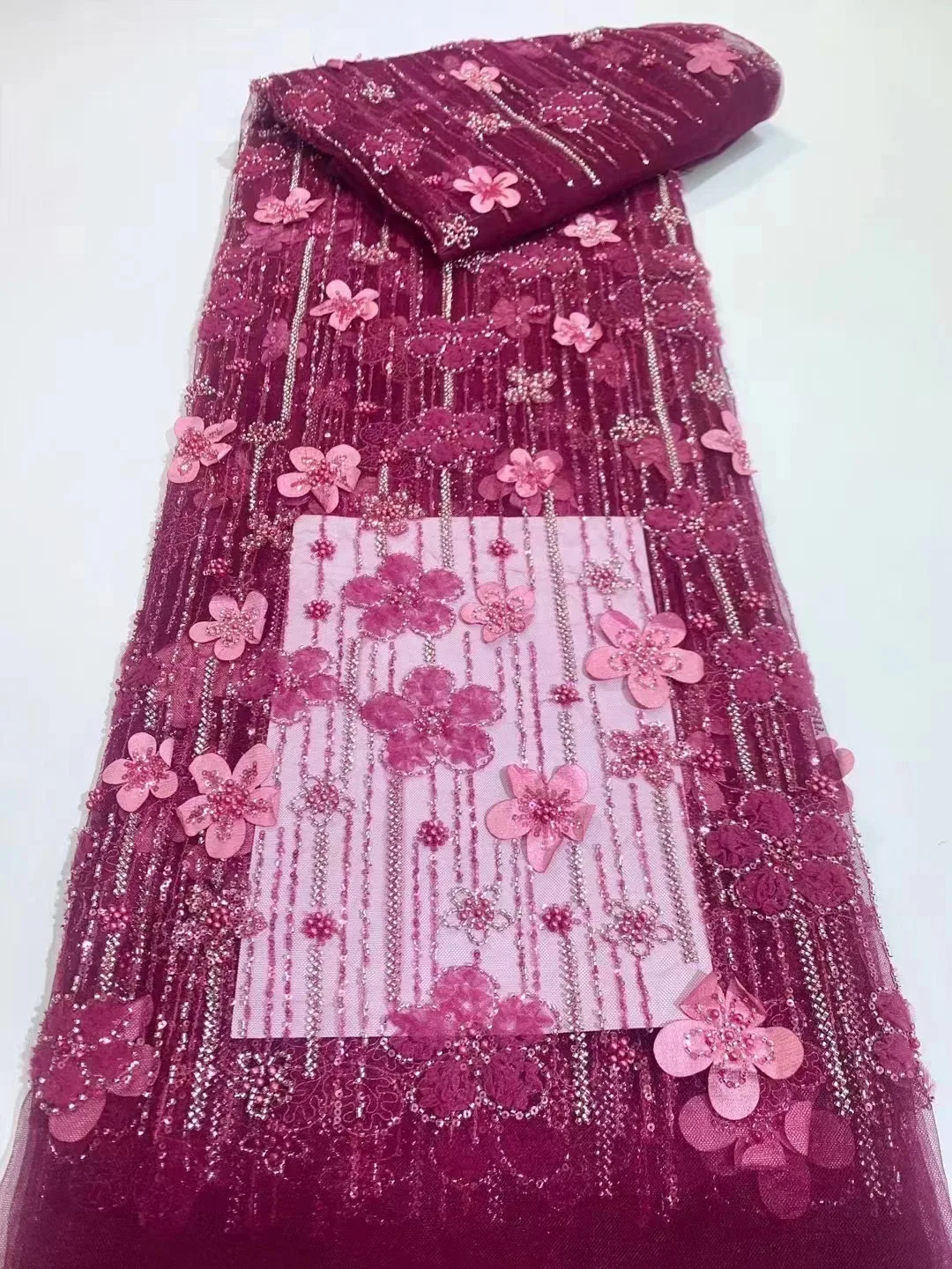 

2024 Latest African 3D Flower Lace Fabric Dubai Sequins Tulle Lace Fabric Embroidered Applique Nigerian Fabric for Sewing XH5977