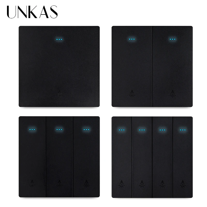 

UNKAS Black Plastic 1/2/3/4 Gang 1/2 Way On / Off Light Push Button Switch Large Aperture LED Backlight Outlet