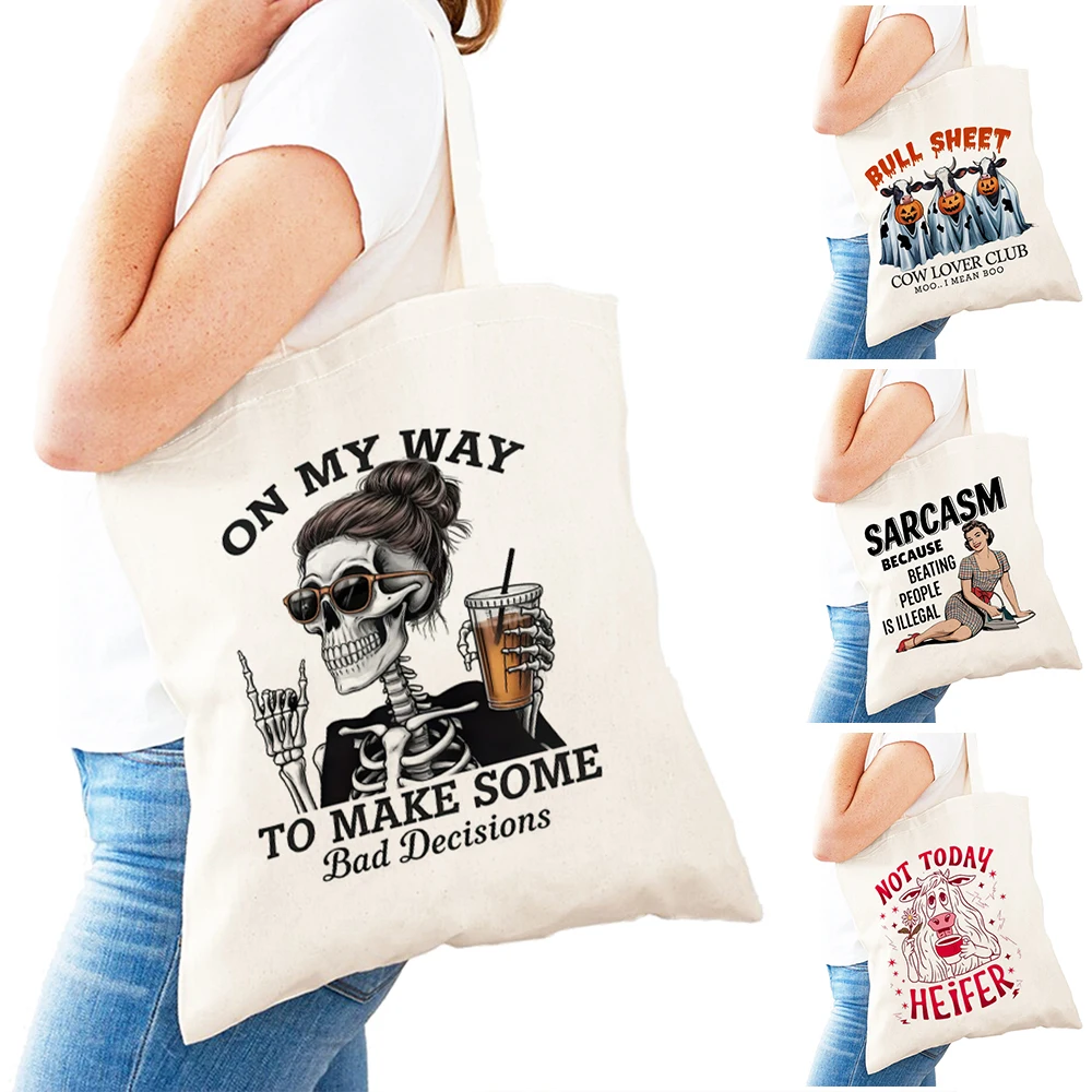 

Vintage Sarcastic Skull Lady Shopper Bags Double Print Women Daily use Shoulder Handbag Lightweight Grumpy Cow Girl Shopping Bag