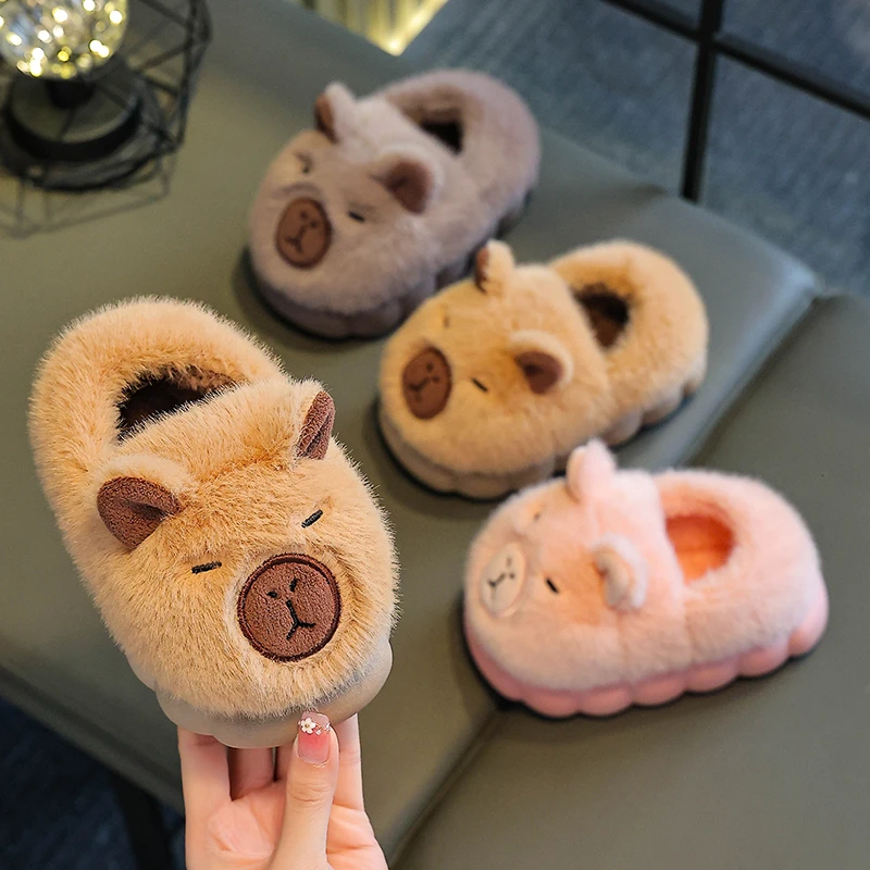 Cute Capybara Cotton Slippers  Children Winter 2025 New Fashion Warm Fluffy Home Shoes for Couples Anti Slip Plush Slippers