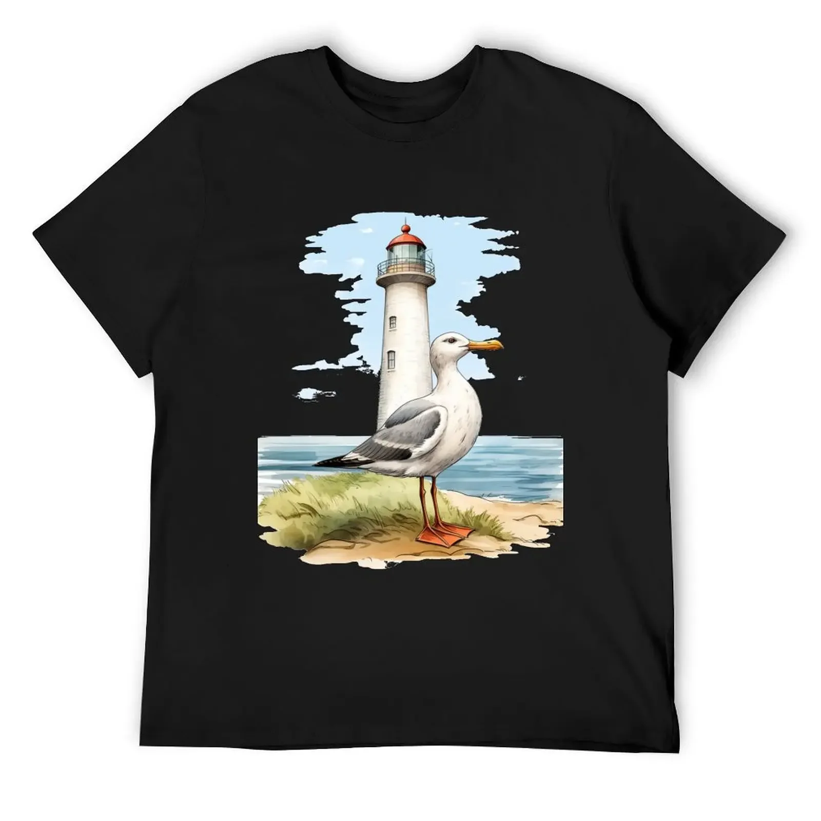 Lighthouse with a gull northsea T-Shirt Short sleeve tee cotton graphic tees summer tops man t shirt mens t shirt graphic