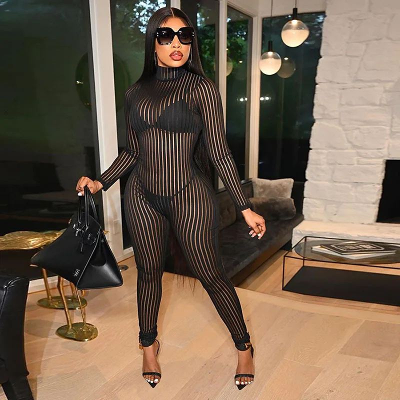 Striped Mesh Bodysuit Women 2020 Summer Sexy Transparent Slim Party Jumpsuit Short See Through Long Sleeve Turtleneck Bodysuits