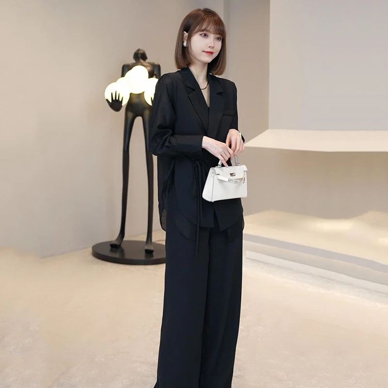 2023 New Summer Fashion Suit Style Jacket Tops + Long Pants Women's Two-Piece Casual Elegant Middle-aged Slim Female Sets E798