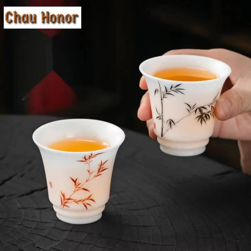 110ml Ice Mutton Fat Jade Porcelain Teacup Hand-painted Bamboo Plain Master Cup Tea Pair Snifter Cup Jianzhan Teaware Gift Box