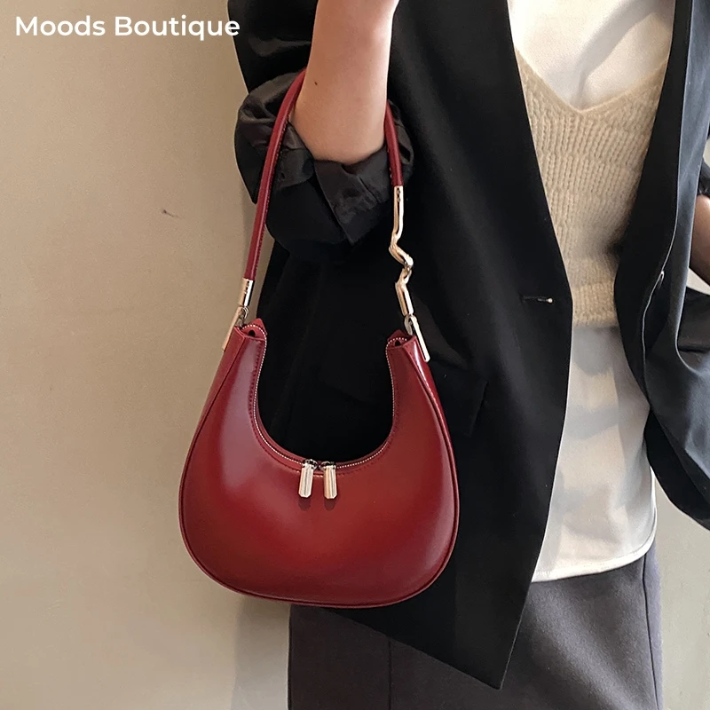 

MOODS Half-moon Underarm Shoulder Bags For Women Designer Strap Luxury Handbags PU Leather Solid Color Armpit Commuter Bag 2025