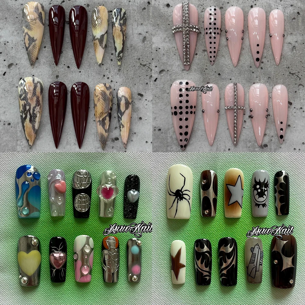 Europa América Spice Girl hecho a mano ataúd largo Stilettos prensa en uñas colorido Rhinestone espejo mágico polvo Bowknot uñas postizas