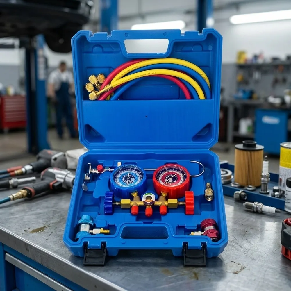 3 Way HVAC Manifold Gauge Set with Quick Coupler Fittings and Puncturing Tap for R410A R22 R404A Maintenance 3