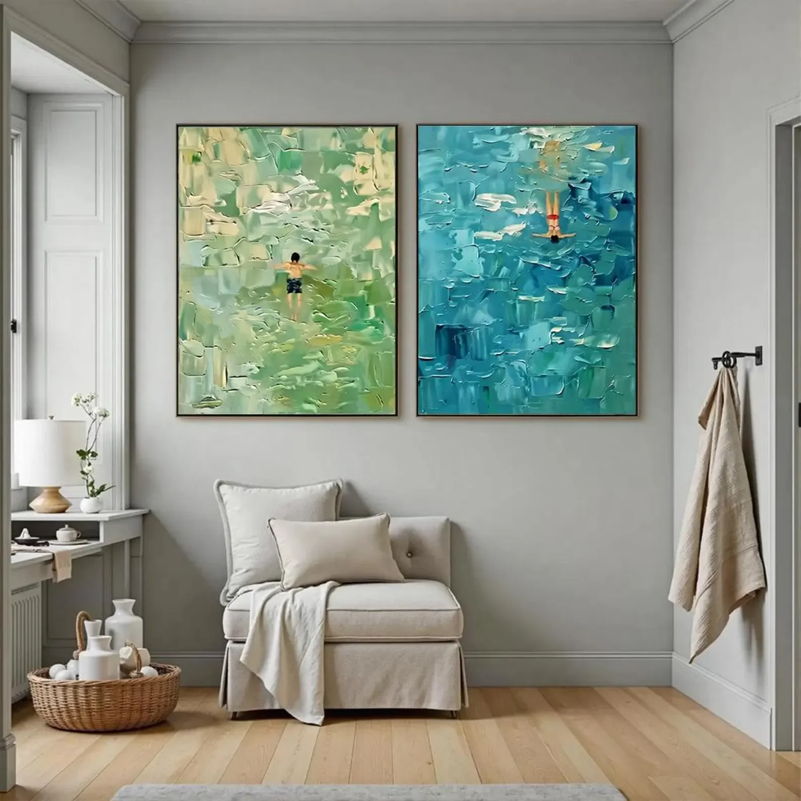 Large Set of 2 Swimming Abstract Oil Paintings on Canvas,Canvas Wall Print,High‑Grade Home Decoration Artwork for Bedroom