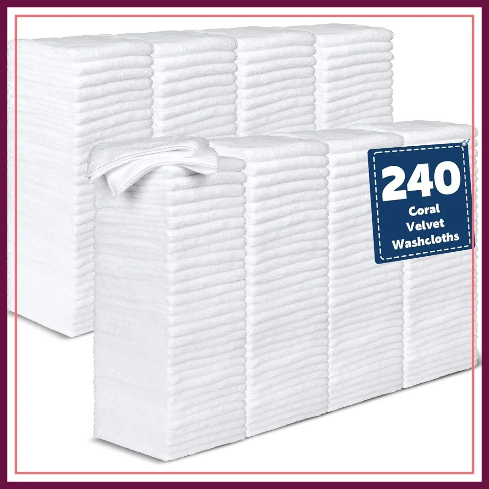 

240 Pack Coral Velvet Washcloths, Highly Absorbent Soft White Face Towels, Multi-Purpose 12x12 Inches for Bathroom, Hotel, Spa, Gym