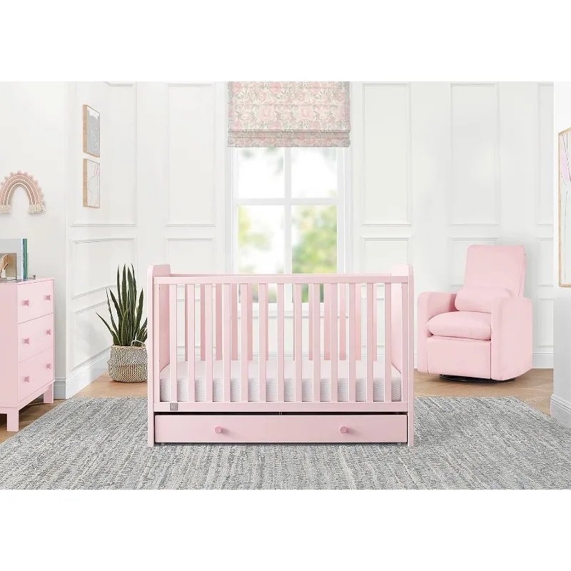 4-in-1 Convertible Crib with Storage Drawer - Greenguard Gold Certified, Blush Pink/Dark Pink