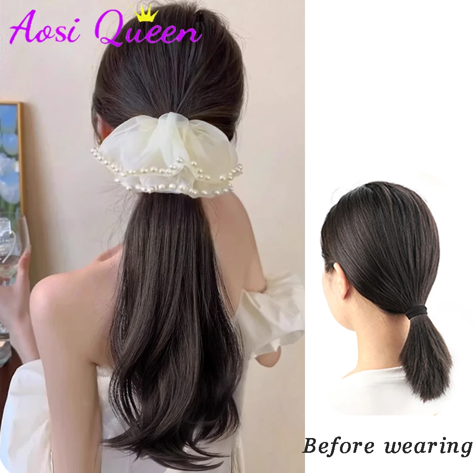 AOSI Synthetic Wig Ponytail Female Long Hair Claw Clip High Ponytail New Pearl Flower Slightly Curly Ponytail