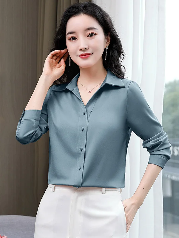 Nouveau Silk irt femmes printemps automne marque Tube droit boutonné Long col Sve régulier mince couleur Pure pas Ir...