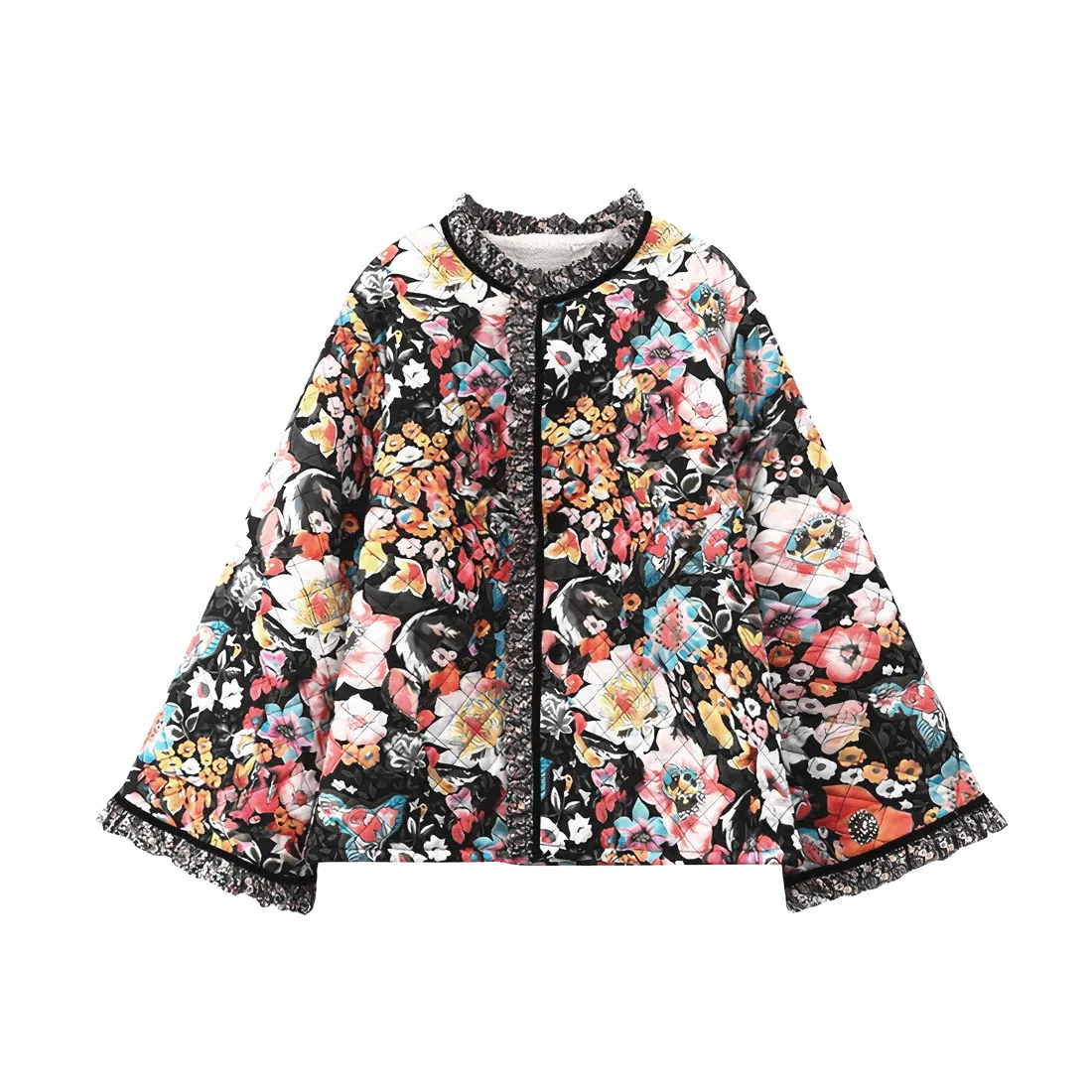 Outono inverno feminino solto acolchoado jaqueta floral impressão botão para baixo manga longa acolchoado casaco quente outwear jaquetas vintage