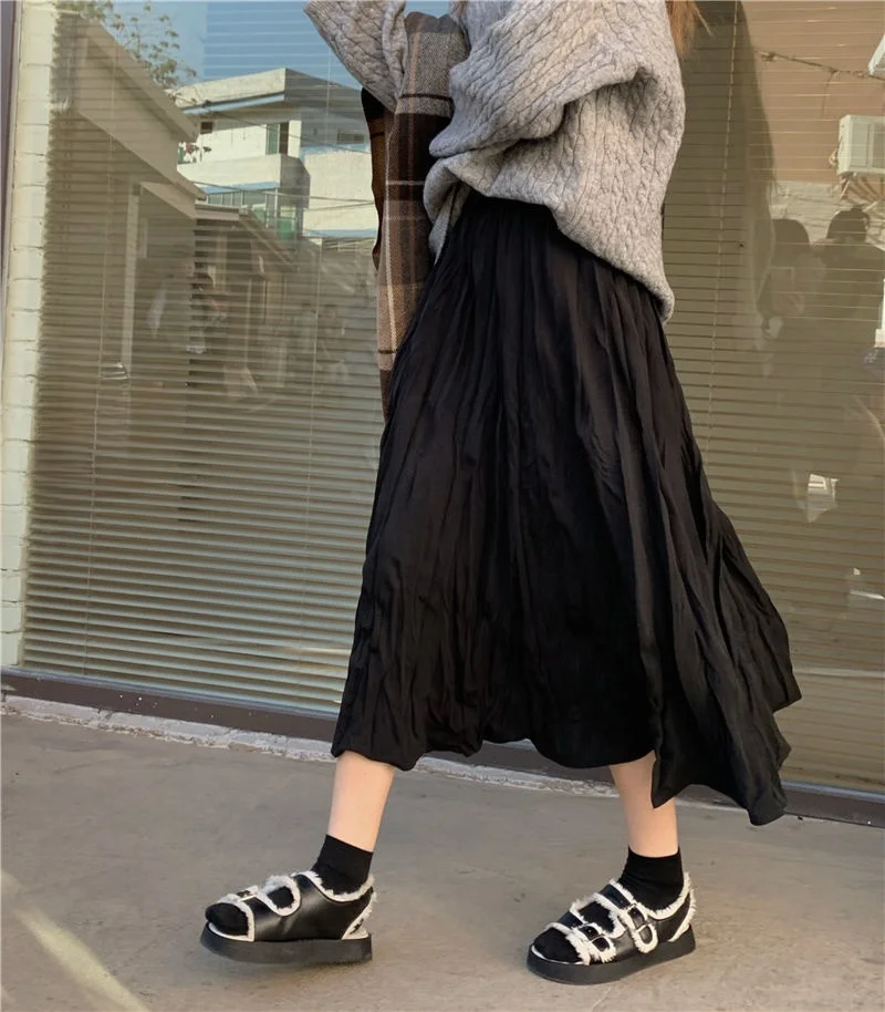 Large Size Pear Shaped Pleated Long Skirt Micro Fat MM Loose Slimming Giant School Girl Half Body Summer Skirt Polyester Fiber