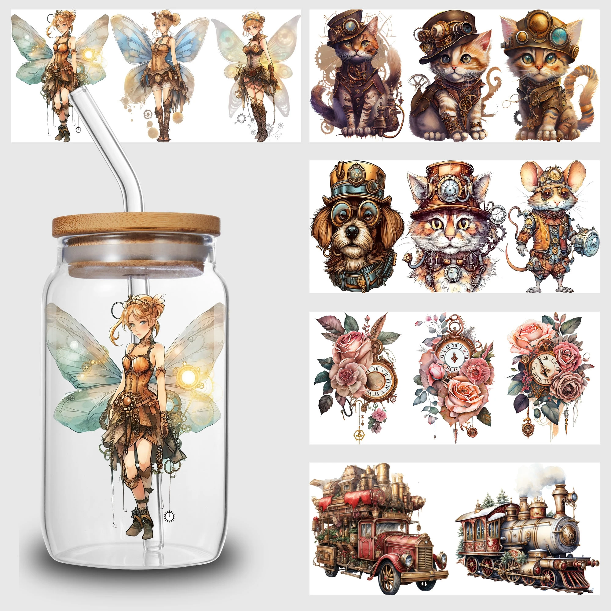 

q5 листов стимпанк УФ-наклейки на чашку DTF, наклейки для переноса фрикции DTF, водонепроницаемые наклейки для переноса мультфильмов для стеклянной чашки емкостью 16 унций