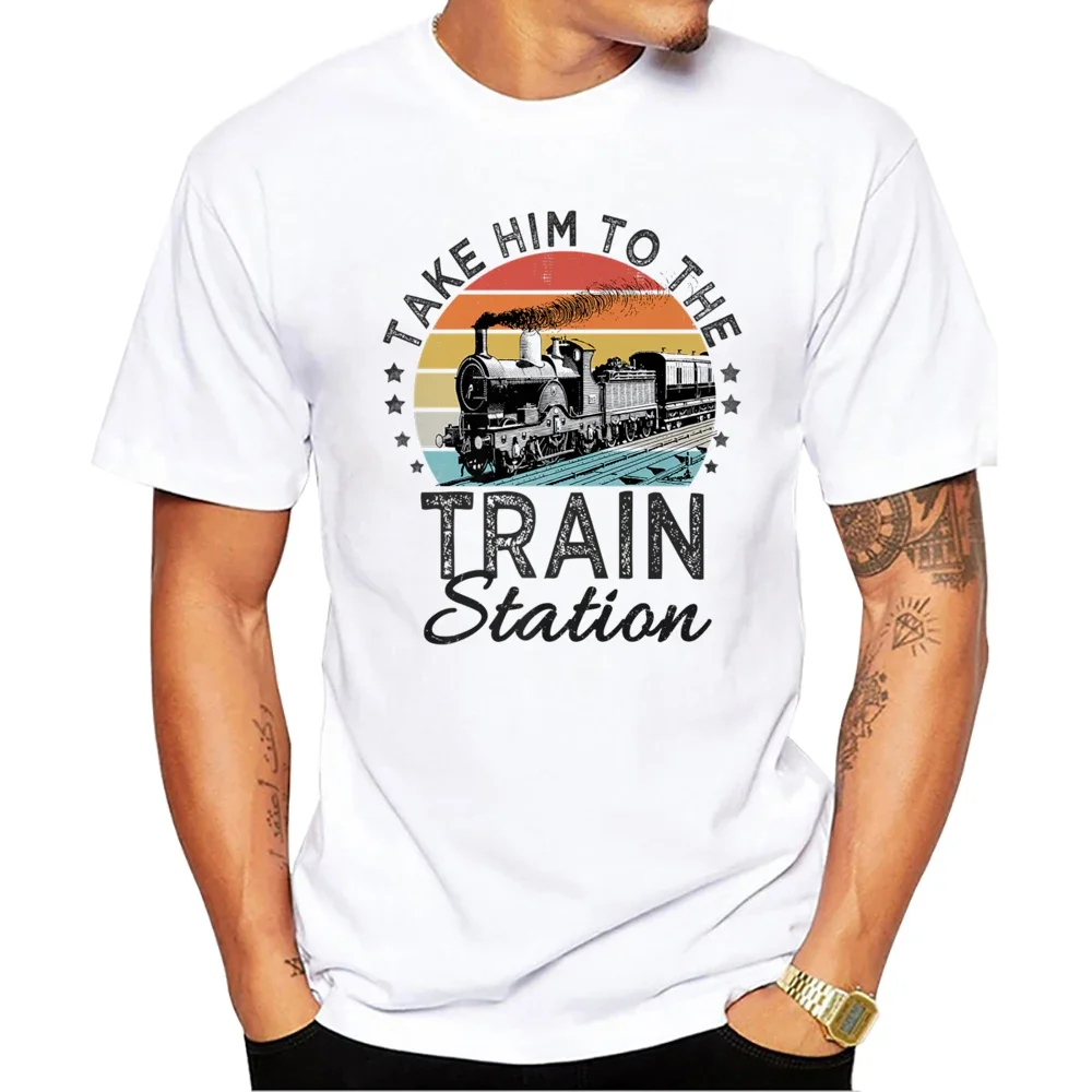 Take Him To The Train Station Printed T Shirts Summer Retro Style Men T-Shirt Short Sleeve Tshirts Harajuku Tee Graphic T Shirts