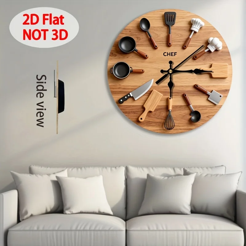 1 Chef Themed Kitchen Wall Clock 10inch Large Round Decoration, Cooking Tool Design(Pots, Pans, Knives