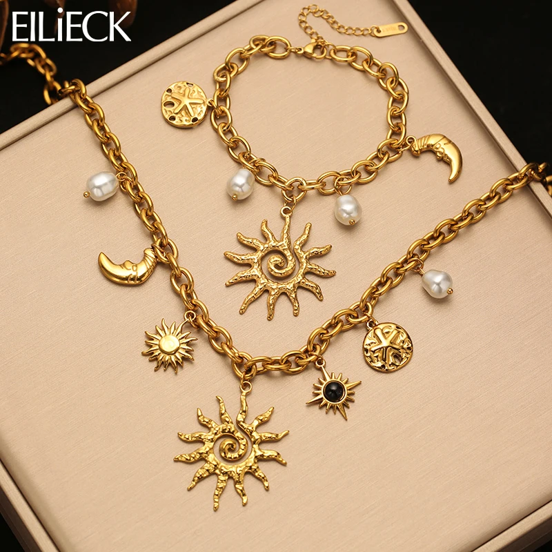 EILIECK – ensemble collier et bracelet en acier inoxydable 316L, doré, tendance, en forme de lune et de soleil, pour femmes, ensemble de bijoux romantiques, cadeau de vacances