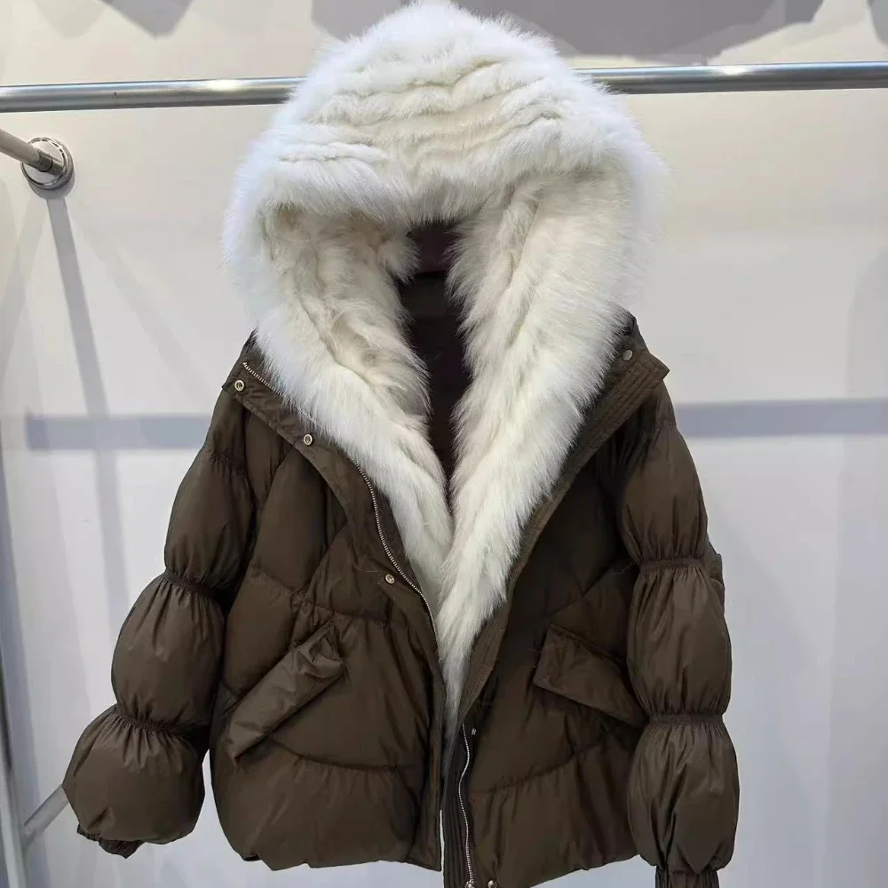 الأبيض أوزة أسفل معطف سميكة الواقع الفراء سترة الشتاء حزام دافئ كبير الثعلب الفراء طوق سترة طبيعية حقيقية فضفاض البخاخ سترة النساء #1