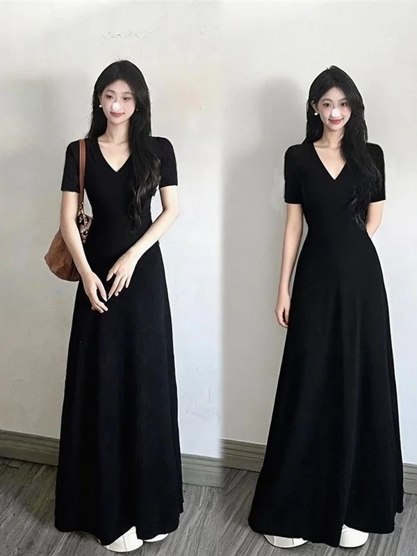 Slim Fit V-Neck Short Sleeve Women's Dress Black Sexy Korean Style Summer Casual A-Line Skirt Inner Wear Polyester Fiber