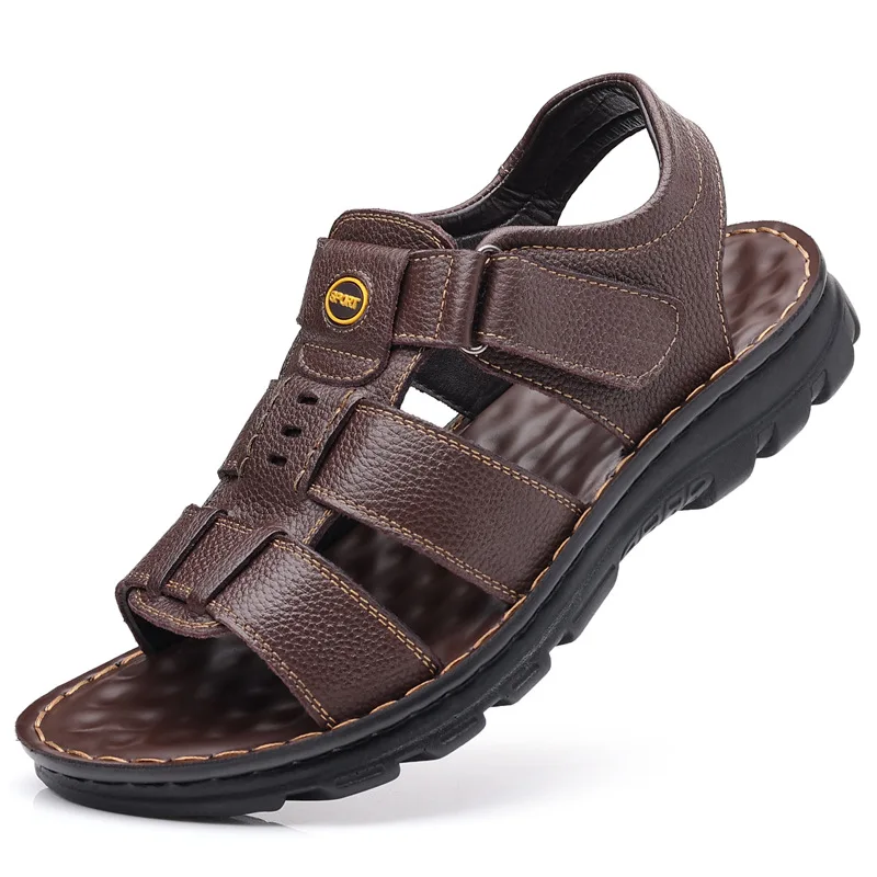 Summer Designer Men Genuine Leather Sandals Hook & Loop Outside Men Cow Leather Slippers Soft-soled Male Casual Sandals No Slip