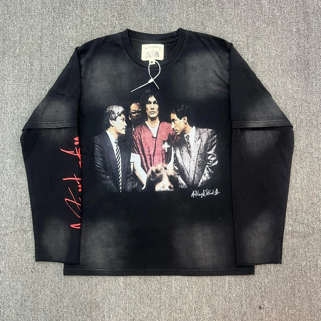 

American Sle Vertabrae Stalker Double Sve Pure Cotton Long Sve Fake Two-Piece Trendy Youth Casual Summer T-irt