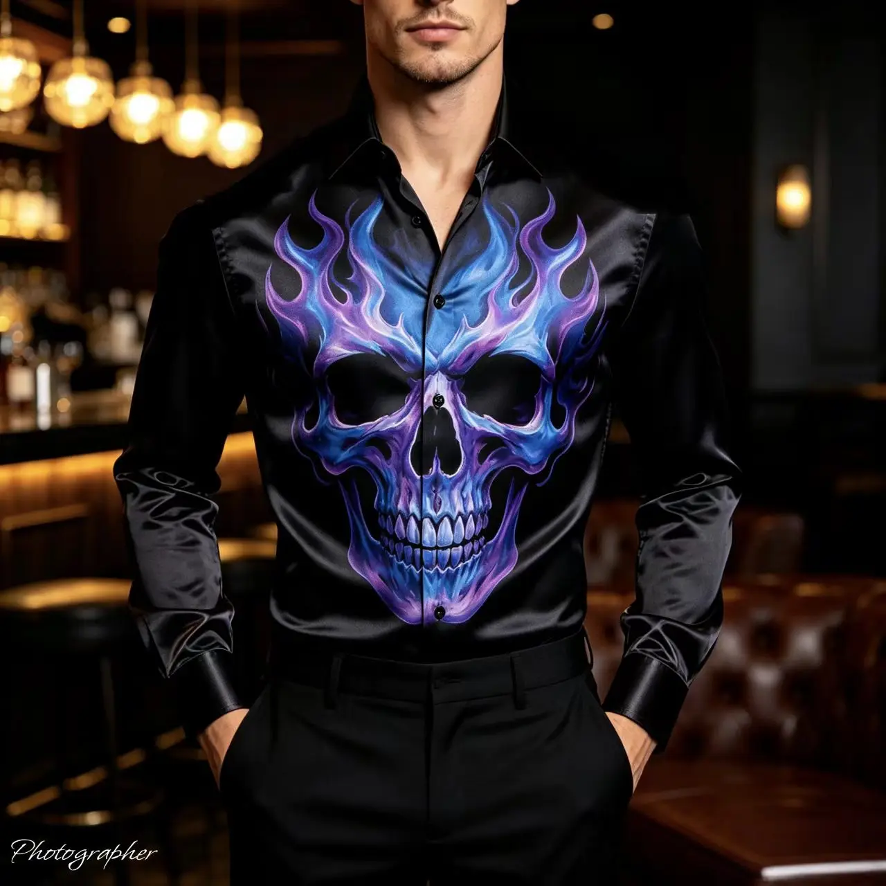 Men Fashion Button‑Up Shirt Neon Skull Flame Print Long Sleeve Turn‑down Collar Casual Top Night Gathering Wear