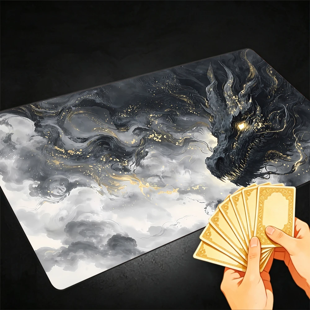 Mysterious Ink-Wash Dragon TCG Playmat Magic Playmat with Stitched Edge Anti-slip base Gathering Gaming Mat Trading Card Game