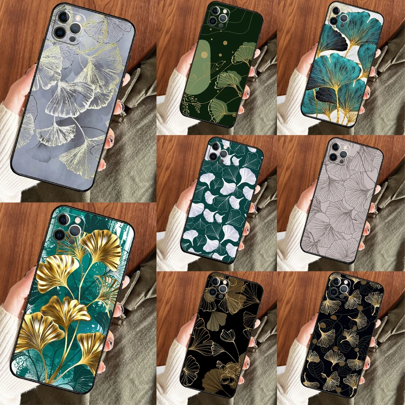 Funda de teléfono Ginkgo Leaf Gold Fol Art para iPhone 13, 12 Mini, 11, 14, 15 Pro Max, X, XR, XS, SE 2022, 2020, 7, 8 Plus