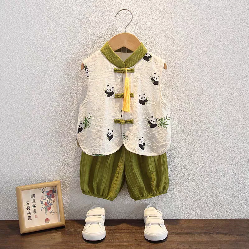 Two piece children clothing summer boys and girls 2024 fashion casual print panda sleeveless polo shirt T-shirt top+shorts set