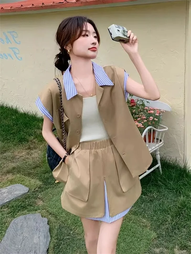 

Women Clothing set 2025 Summer New Item Fake Two-piece Spliced Striped Vest Shirt+Shorts Set Female Fashion Casual Two-piece Set