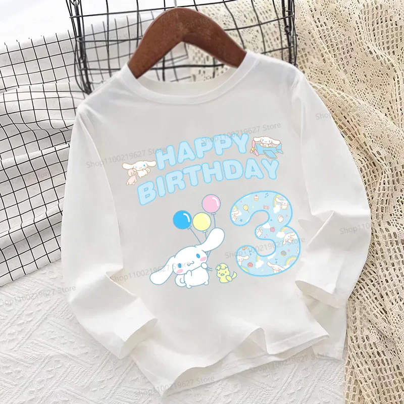 

Sanrio Cinnamoroll Number Print Kawaii Kids T shirt 1 2 3 4 5 6 7 8 9 Years Birthday Long Sleeve Girls Clothes Baby Boys T-Shirt