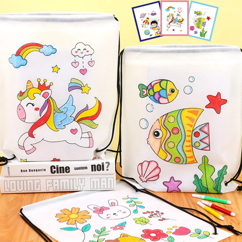 Mochila De tela con grafiti para niños, bolsa no tejida con pintura hecha a mano, manualidades artísticas, juguete de dibujo con relleno de Color para jardín de infantes, 2 piezas