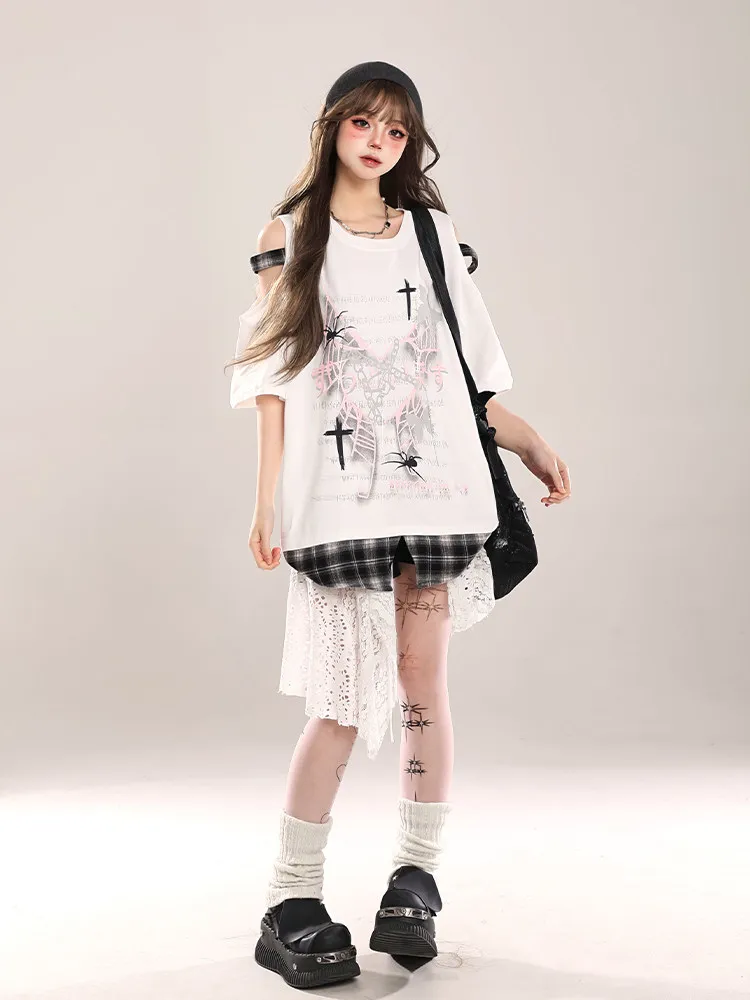 아메리칸 쿨 버터플라이 레터 프린트 반팔 블랙 티셔츠 여성용 여름 서브컬쳐 스타일 루즈 오프숄더 화이트 탑