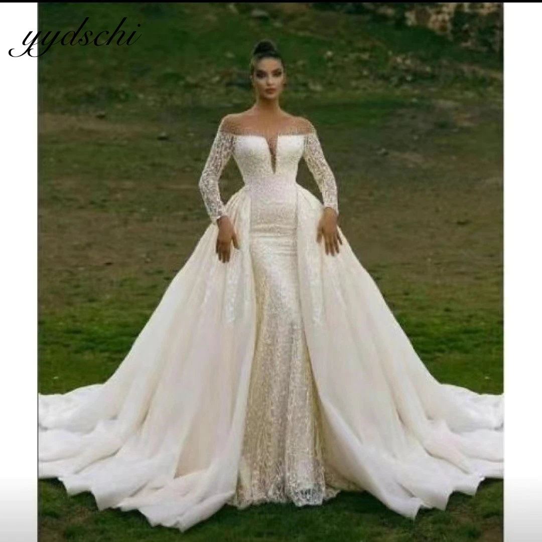 

Кружева по индивидуальному заказу 2025, новые свадебные платья русалки с длинными рукавами, роскошные свадебные платья в Саудовской Аравии, пуговицы, Дубай, платья de novia