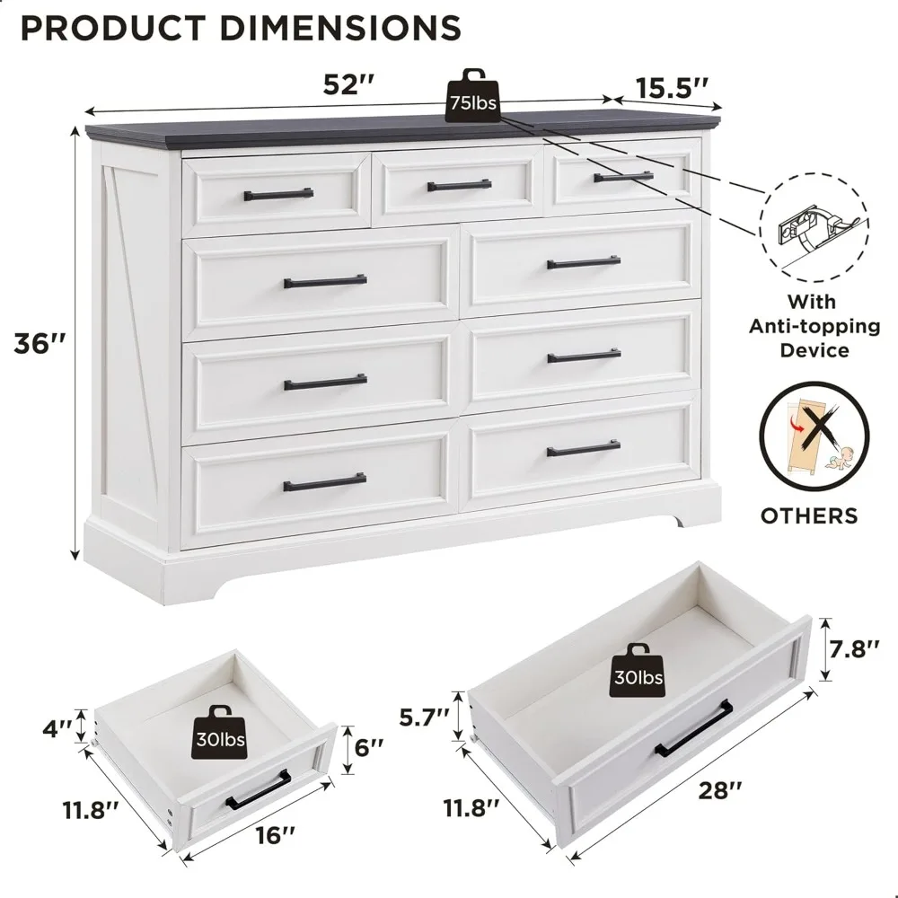 9 Drawer Dresser for Bedroom, 36 Inch Tall Modern Dresser TV Stand with Large Drawers, Rustic Wood Chest of Drawers