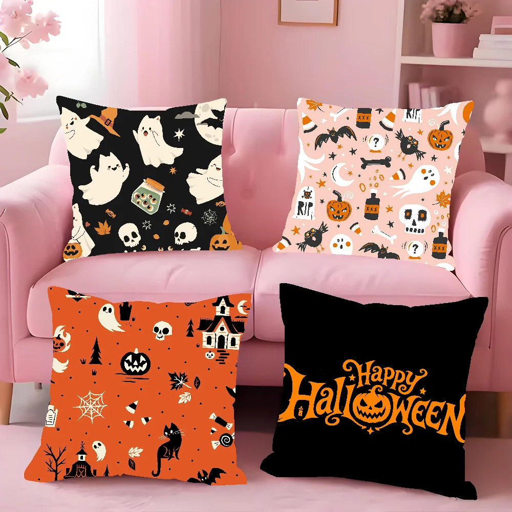Halloween Cat Pumpkin Witch Ghost Bat Cushion Cover Square Double-Sided Printing Sofa Cushion Cover Pillowcase Bedroom Bedside