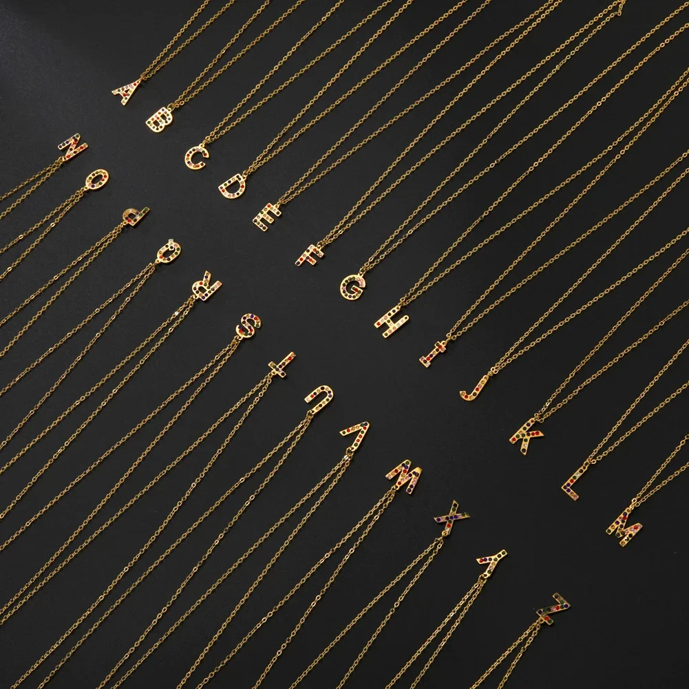 Skyrim A-Z Letter Initial Pendant Necklaces for Women Luxury Colorful Rhinestone Alphabet Neck Chain Stainless Steel Jewelry
