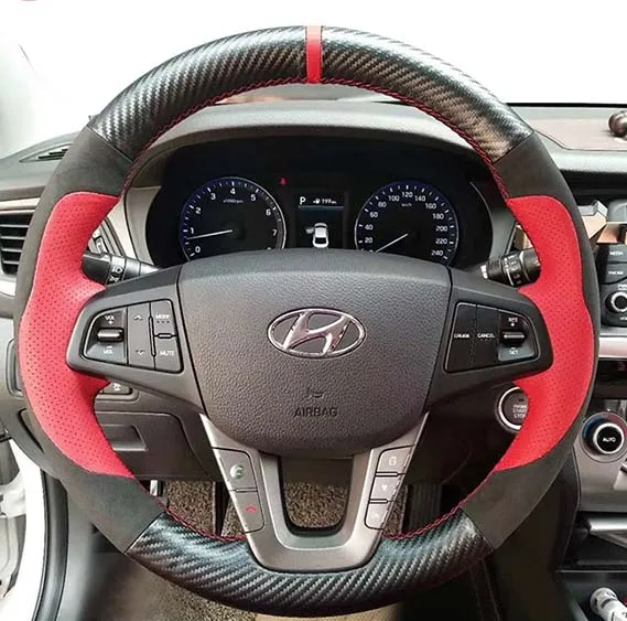 

For Hyundai ix25 2014-2018 Creta 2016-2018 Car Steering Wheel Cover Hand-stitched Non-Slip red Leather Black carbon fibre suede